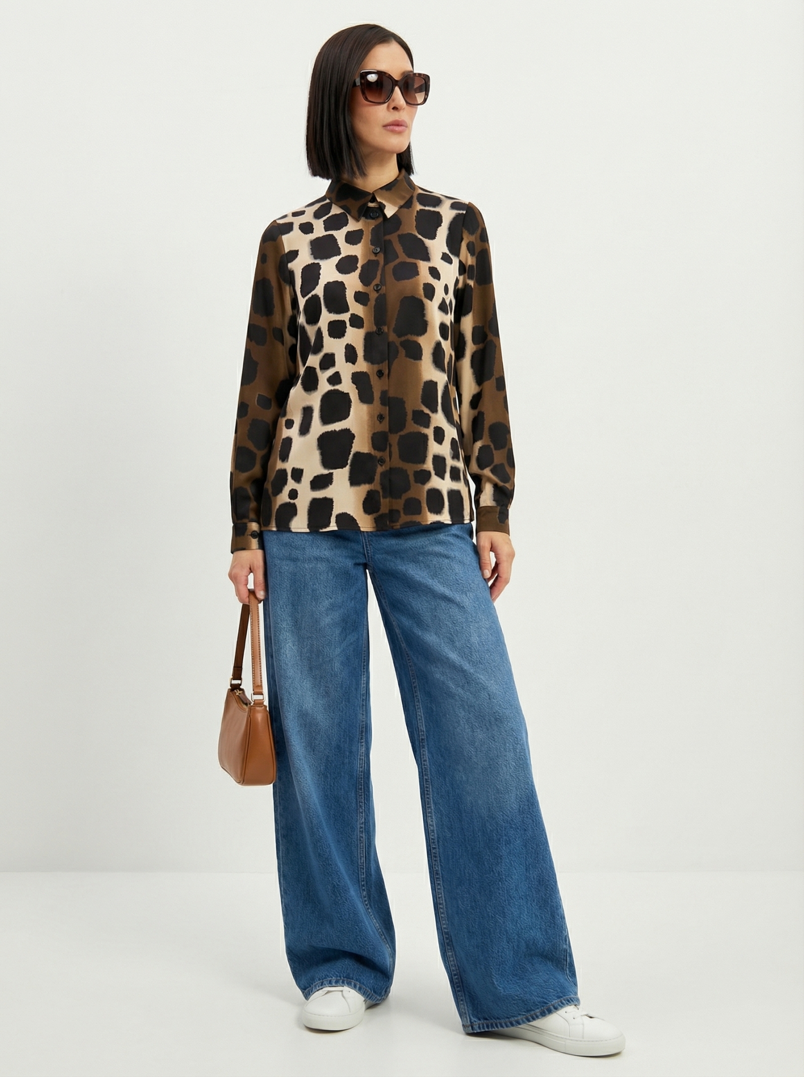 Блузка из атласной ткани OD-887-5 леопард коричневый с хаки