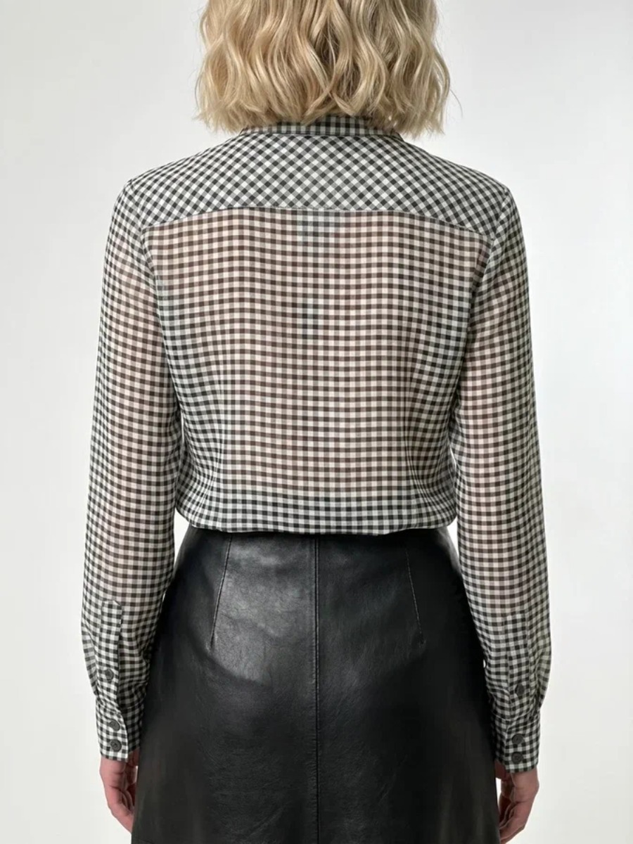 Блузка из органзы в клетку OD-984-2 коричневый с белым