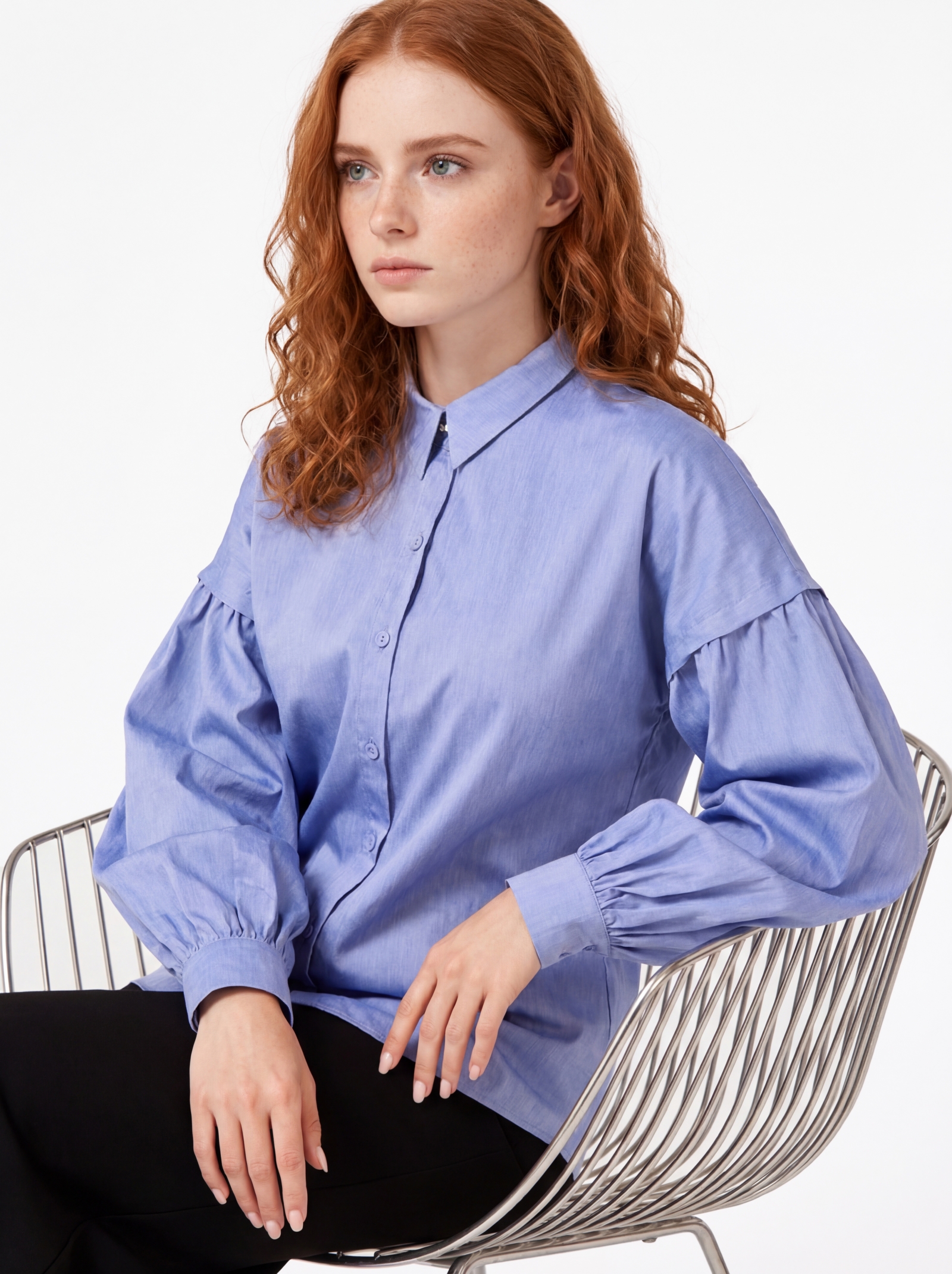 Рубашка с пышным рукавом OD-879-3 голубой джинс