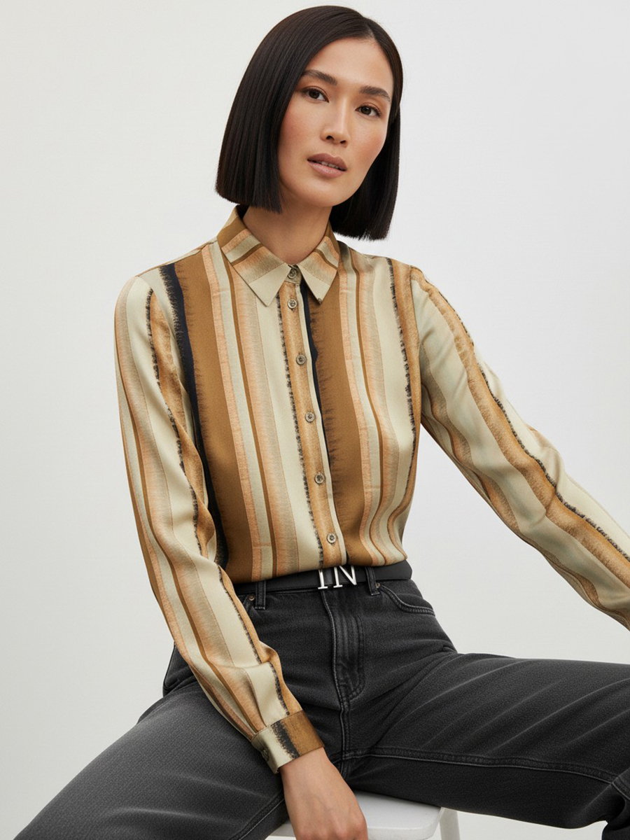 Блузка из атласной ткани OD-887-6 коричневый с серой полосой