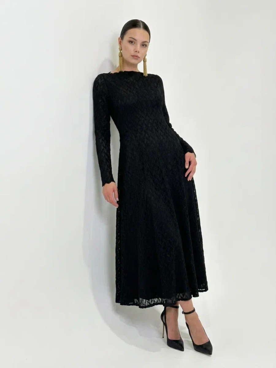 Платье из трикотажного кружева OD-904-3 черный с фестонами