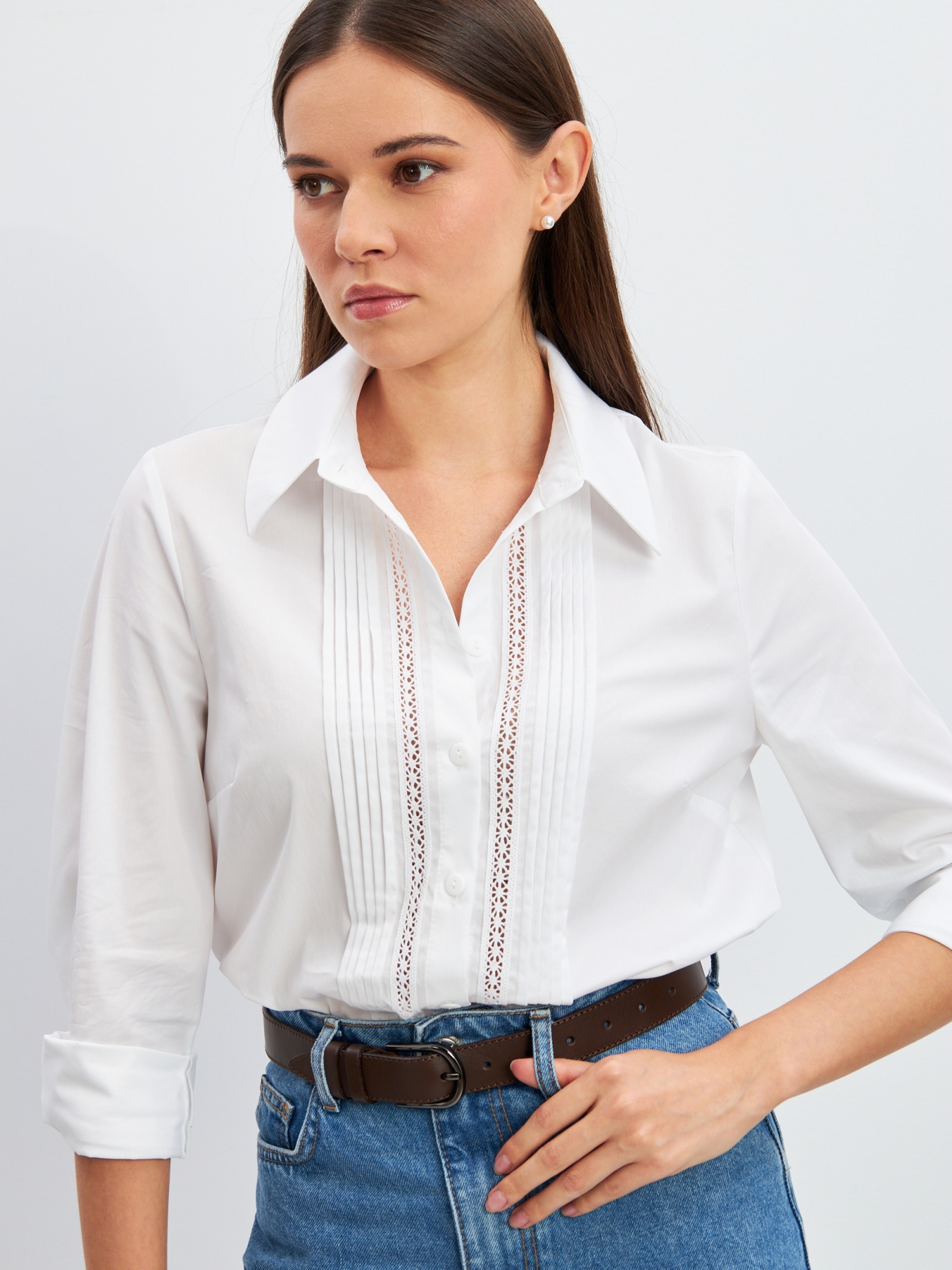 Блузка из хлопка со складками и кружевом OD-972-1 белый