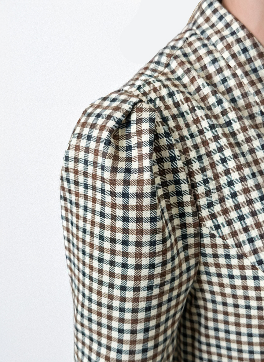 Платье с воротником стойка  OD-885-2 клетка сливочно-коричневая