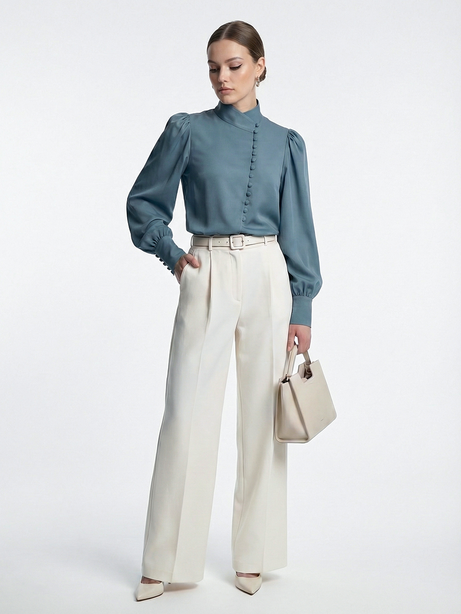 Блуза-косоворотка много пуговиц OD-550-14 серо-зеленый-голубой (морская волна)