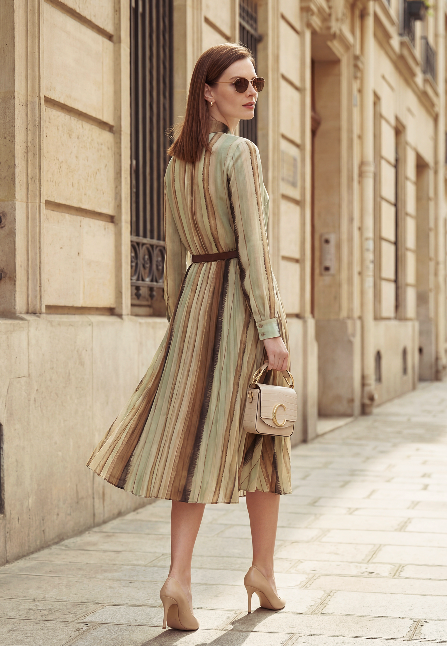 Платье с юбкой плиссе OD-883-2 коричневая с серой полосой