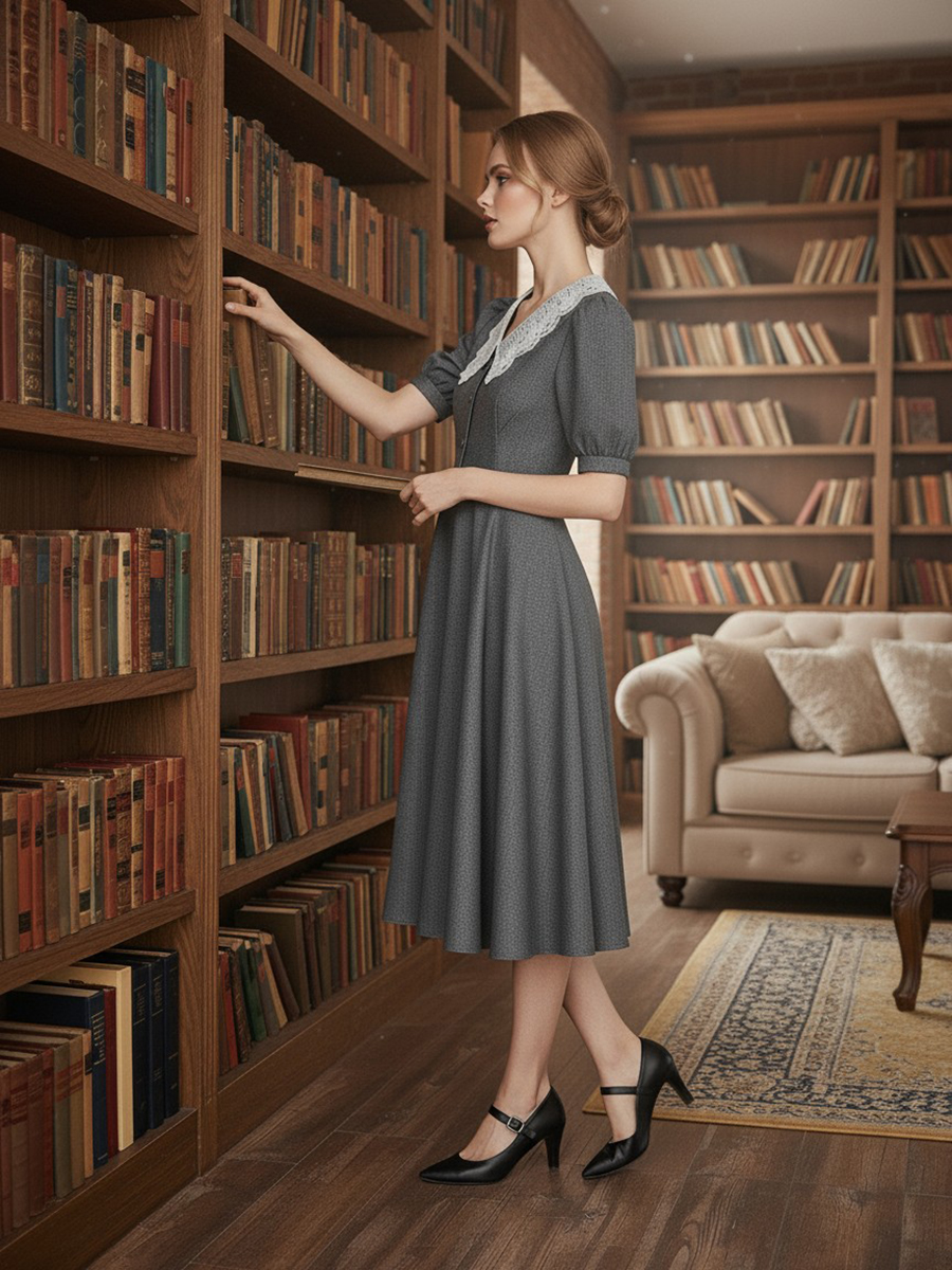 Платье миди с кружевным воротником OD-888-1, серый