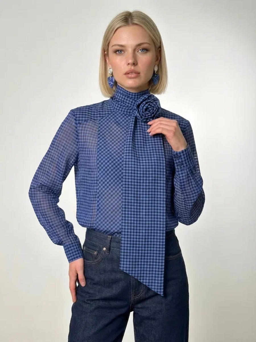 Блузка из органзы в клетку OD-984-1 фиолетовый с черным