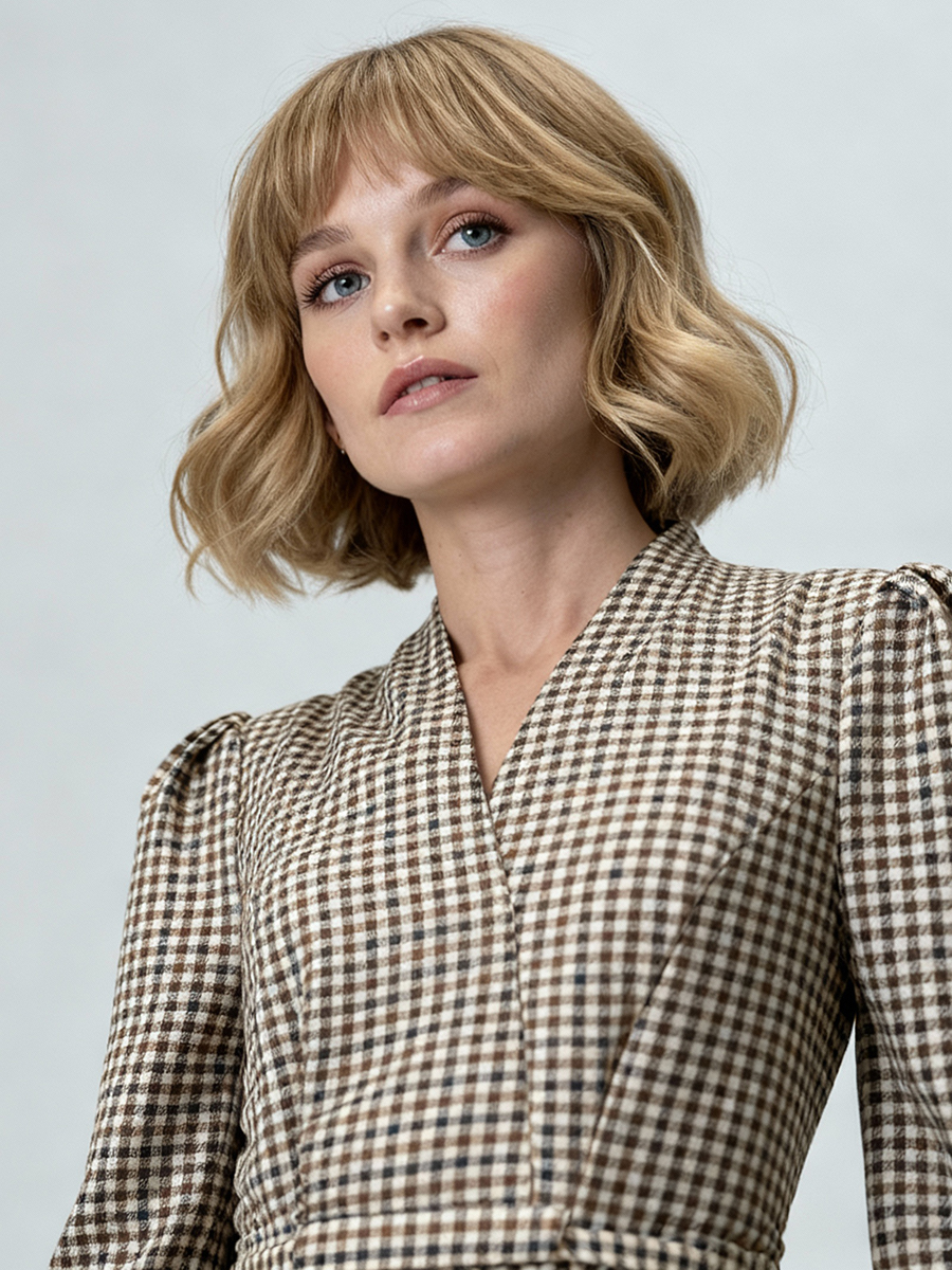 Платье с воротником стойка  OD-885-2 клетка сливочно-коричневая