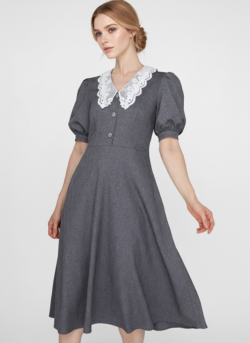 Платье миди с кружевным воротником OD-888-1, серый