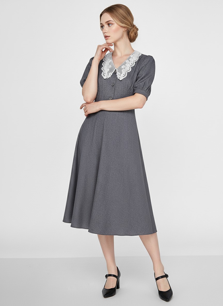 Платье миди с кружевным воротником OD-888-1, серый