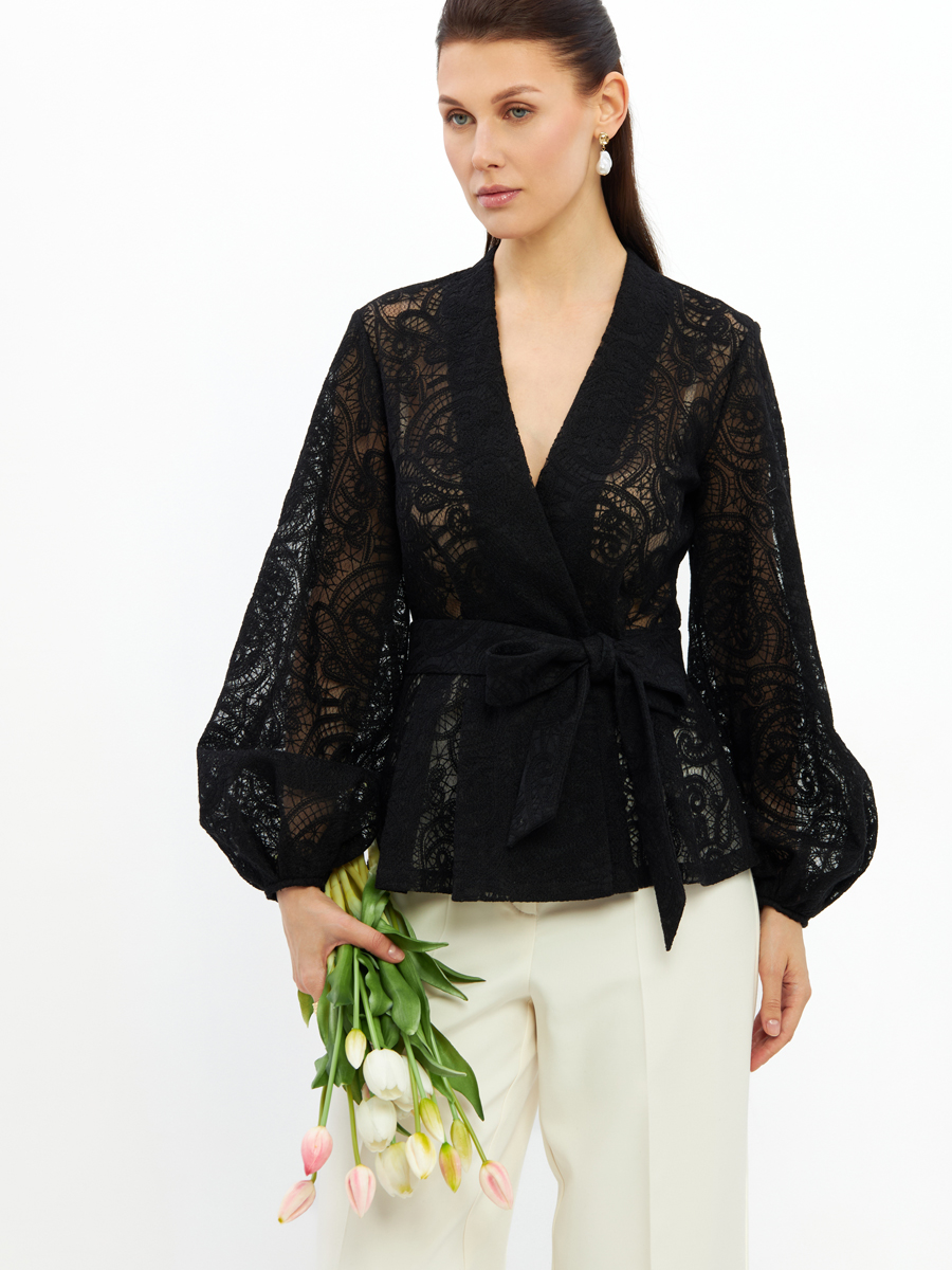 Блузка из кружева с баской и поясом OD-1033-2 черный