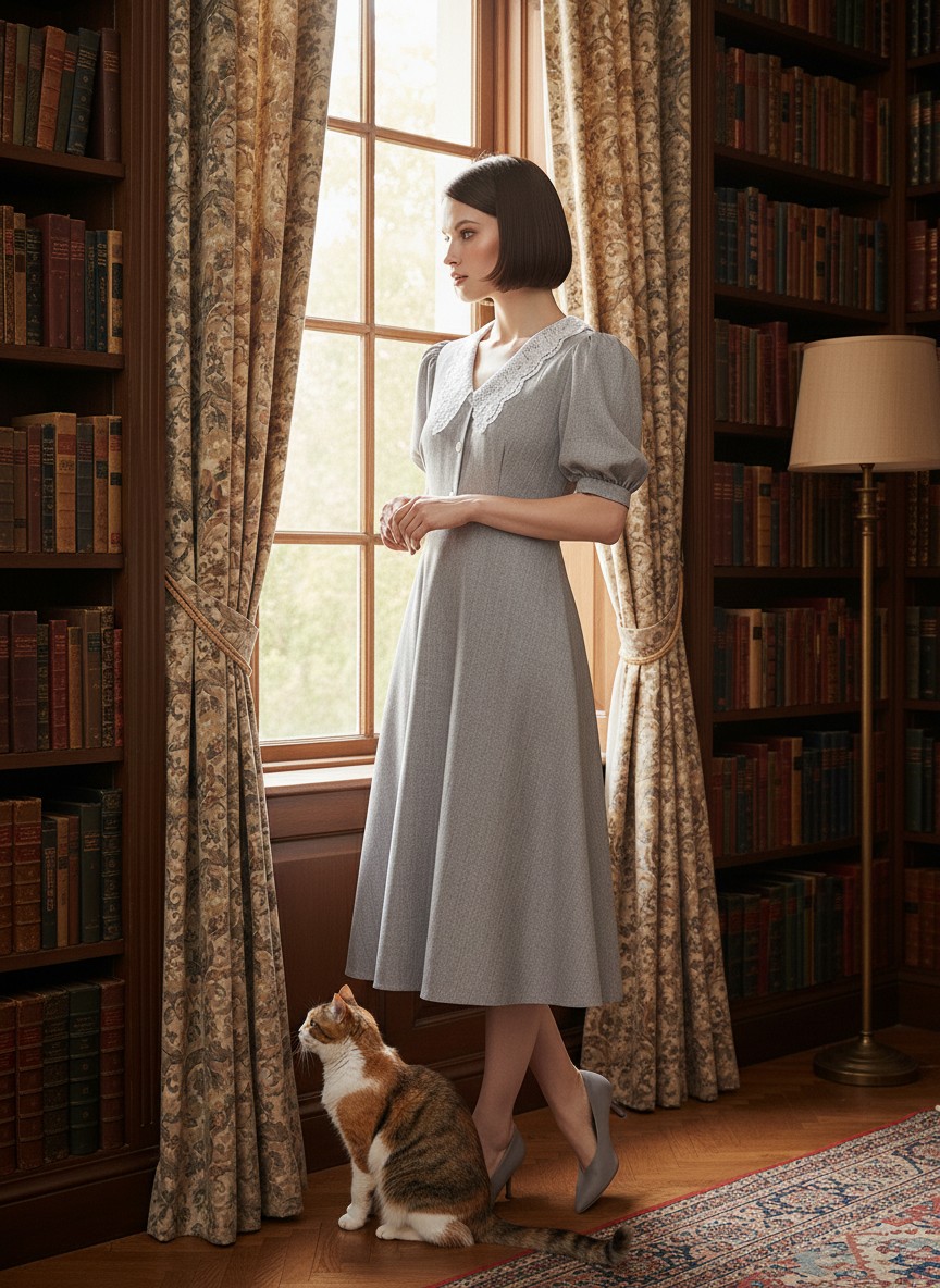 Платье с кружевным воротником  OD-888-2 св. серый