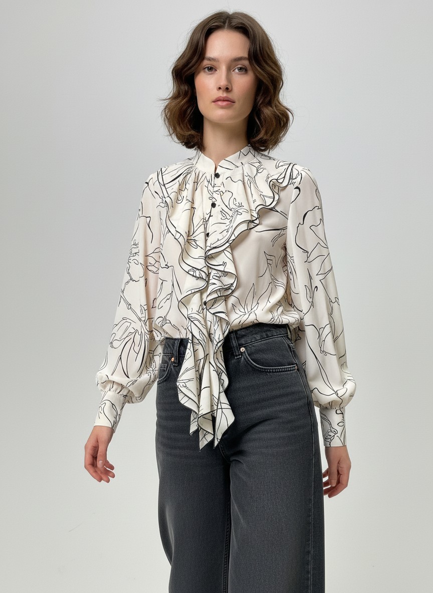 Блузка с отлетными рюшами OD-914-6 молочный с черным