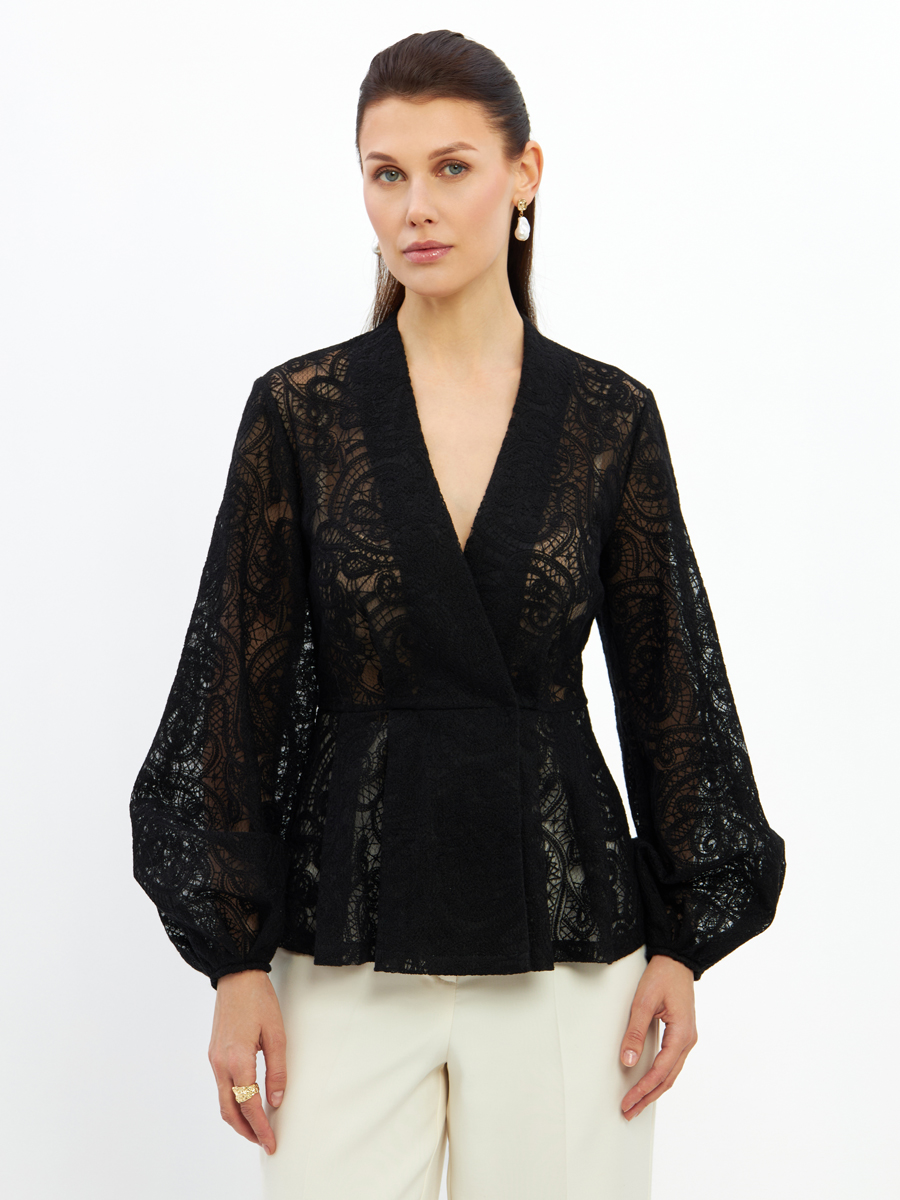 Блузка из кружева с баской и поясом OD-1033-2 черный