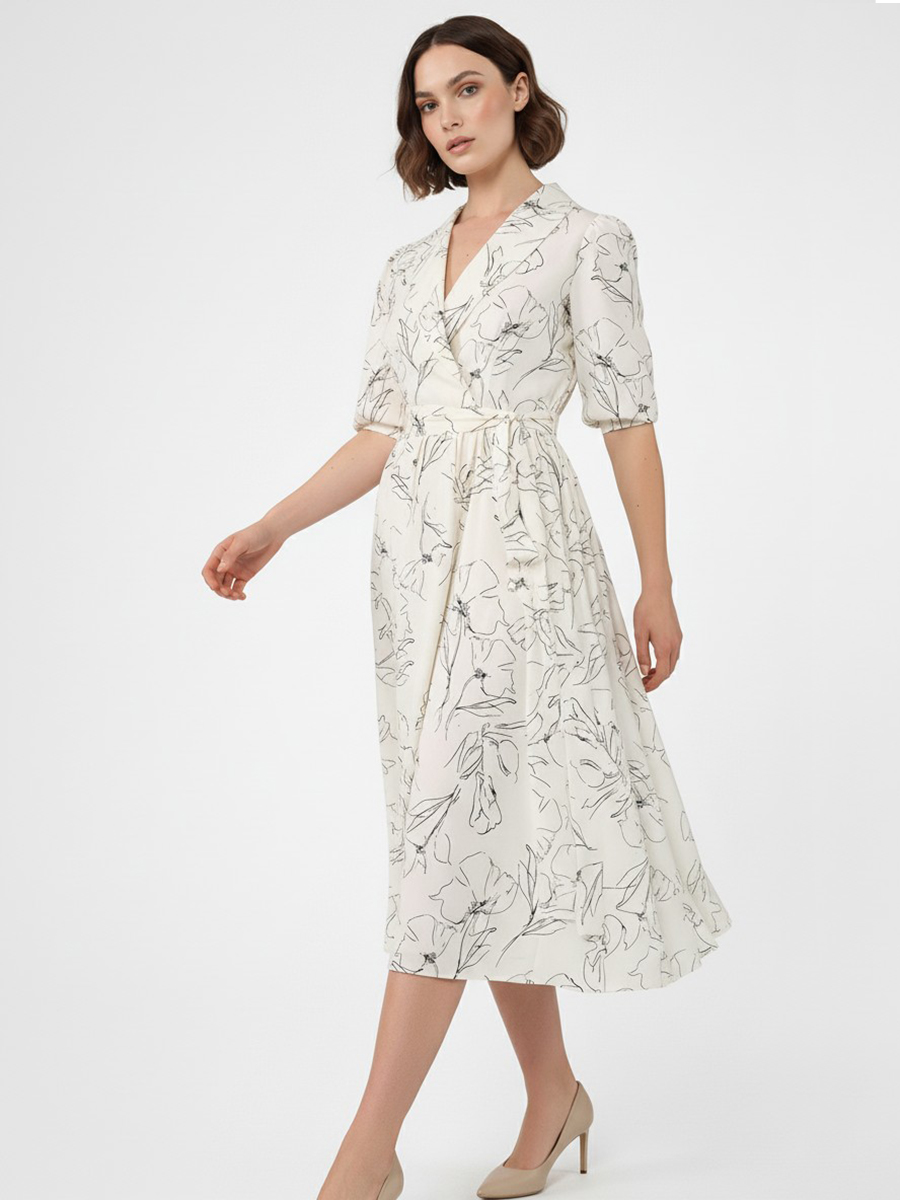 Платье с шалевым воротником OD-811-2 молочный