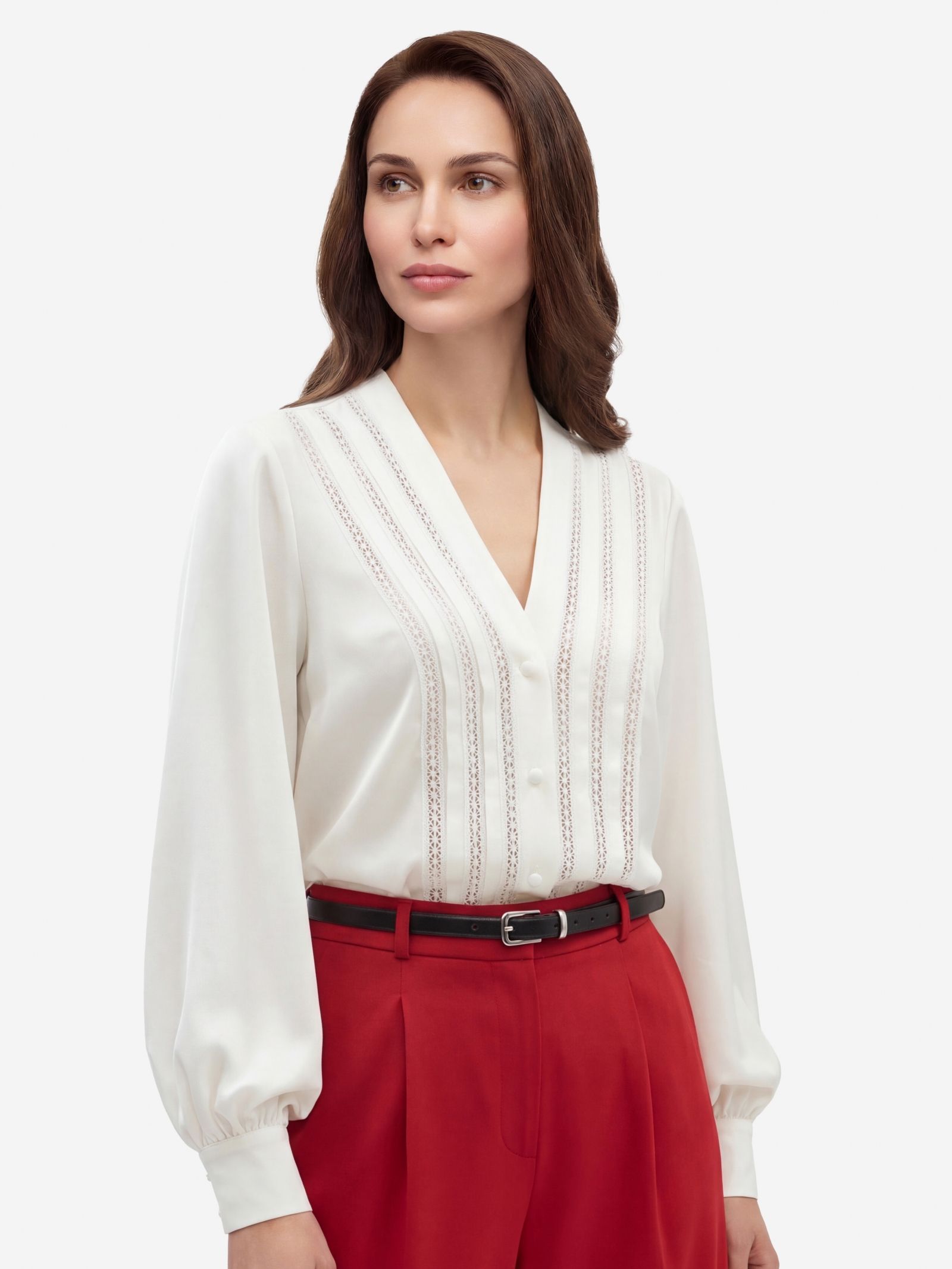 Блузка с V-образным вырезом и кружевом OD-1014-1 белый