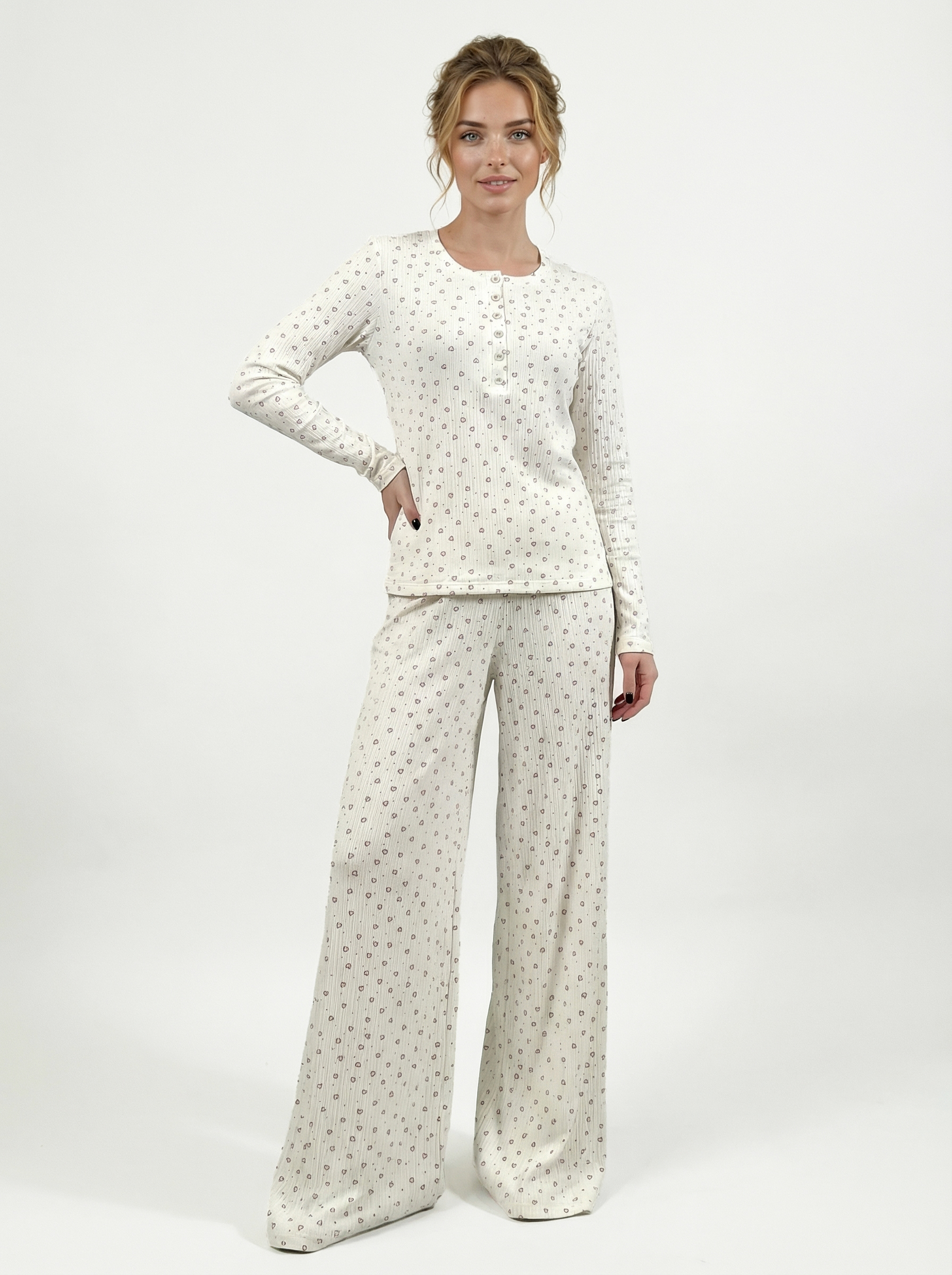 Пижама с принтом сердечки OD-1011-1 молочный