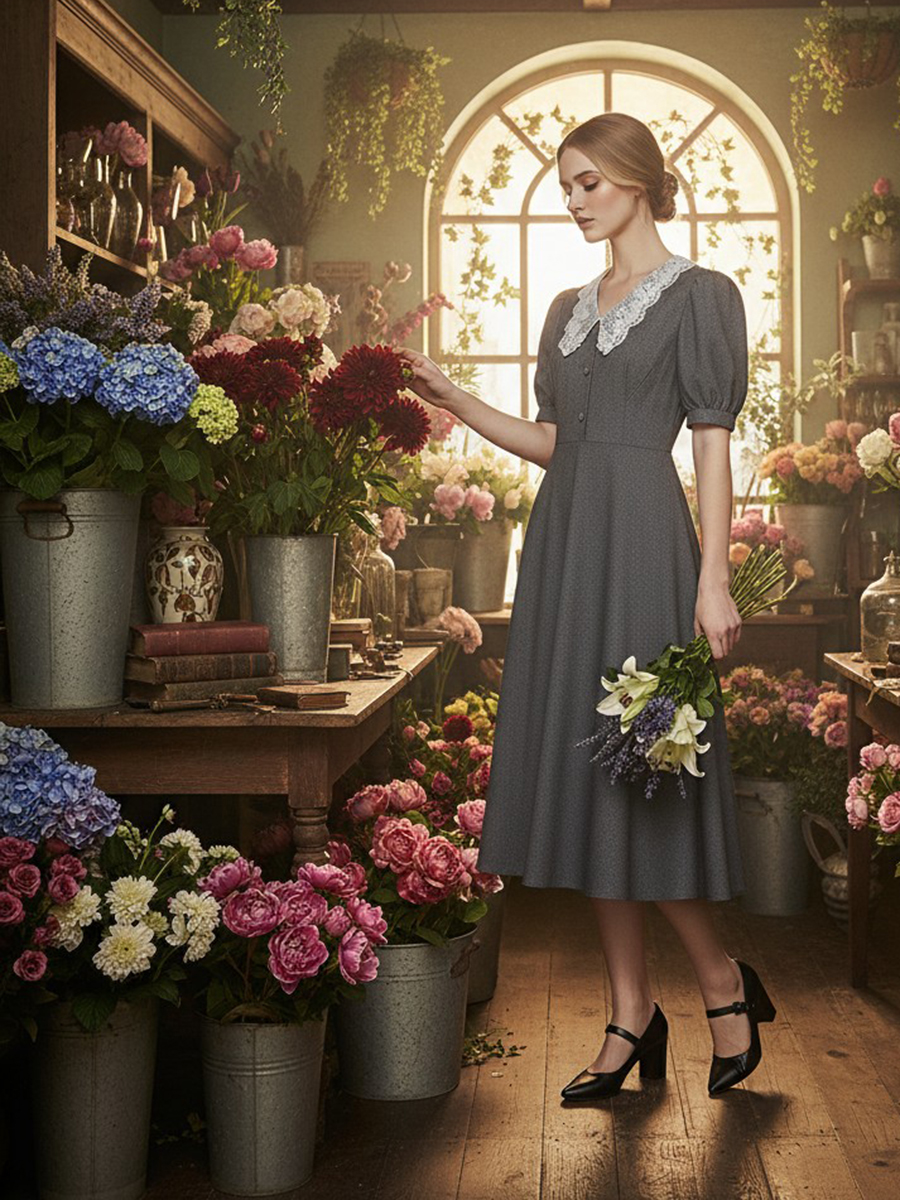 Платье миди с кружевным воротником OD-888-1, серый