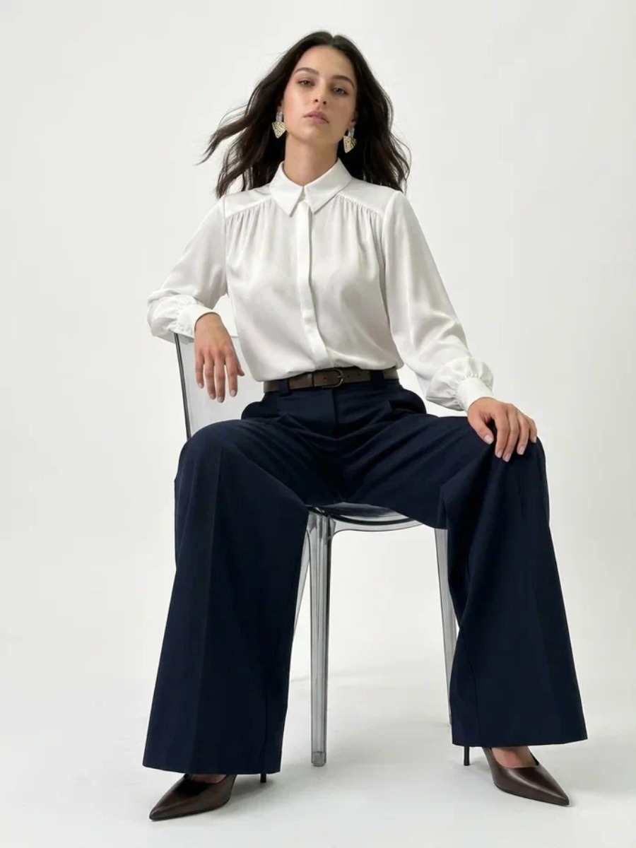 Блузка со сборкой и съемной пуговицей OD-971-1 белая