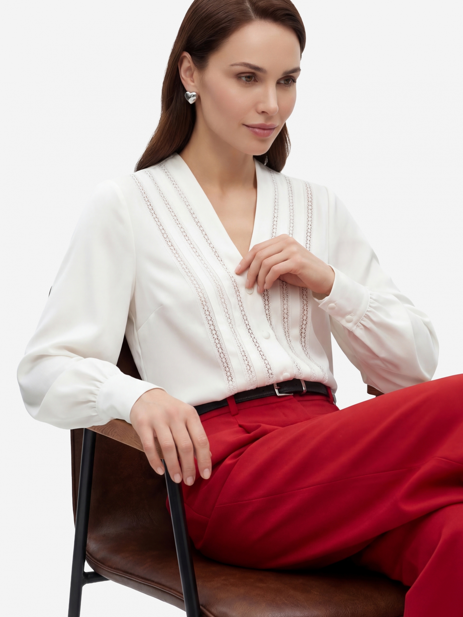 Блузка с V-образным вырезом и кружевом OD-1014-1 белый