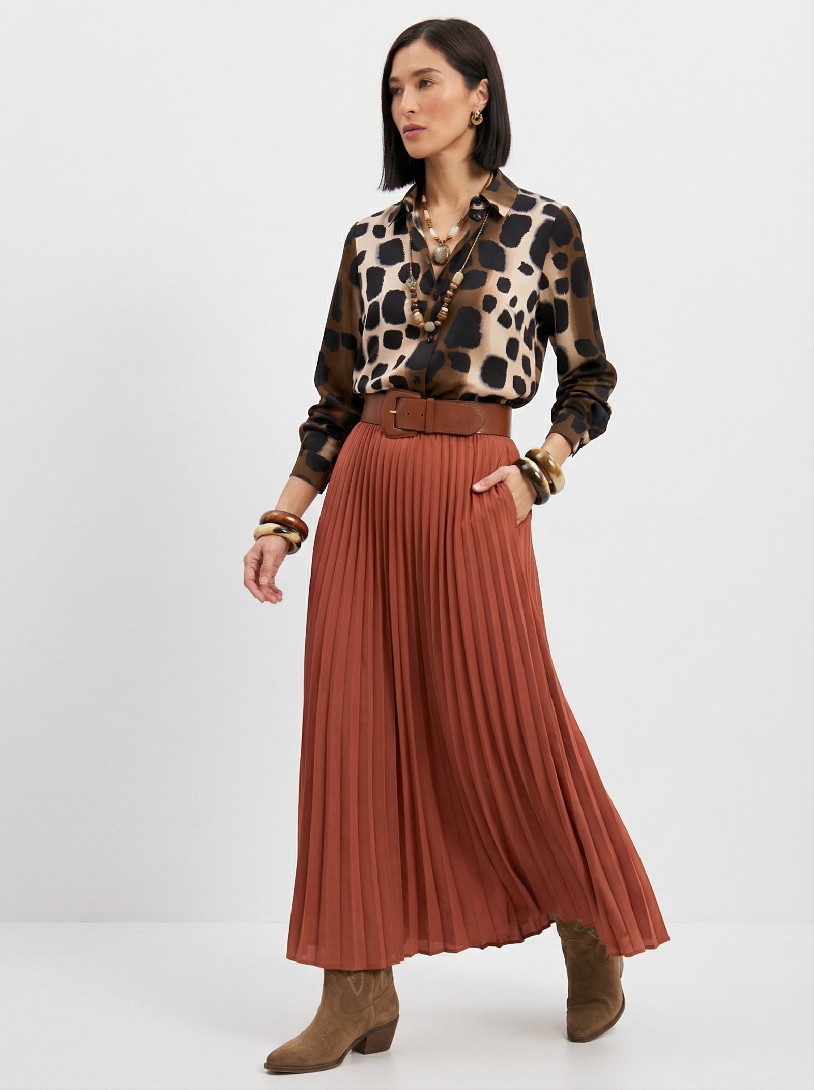 Блузка из атласной ткани OD-887-5 леопард коричневый с хаки