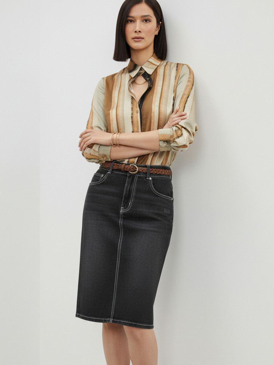 Блузка из атласной ткани OD-887-6 коричневый с серой полосой