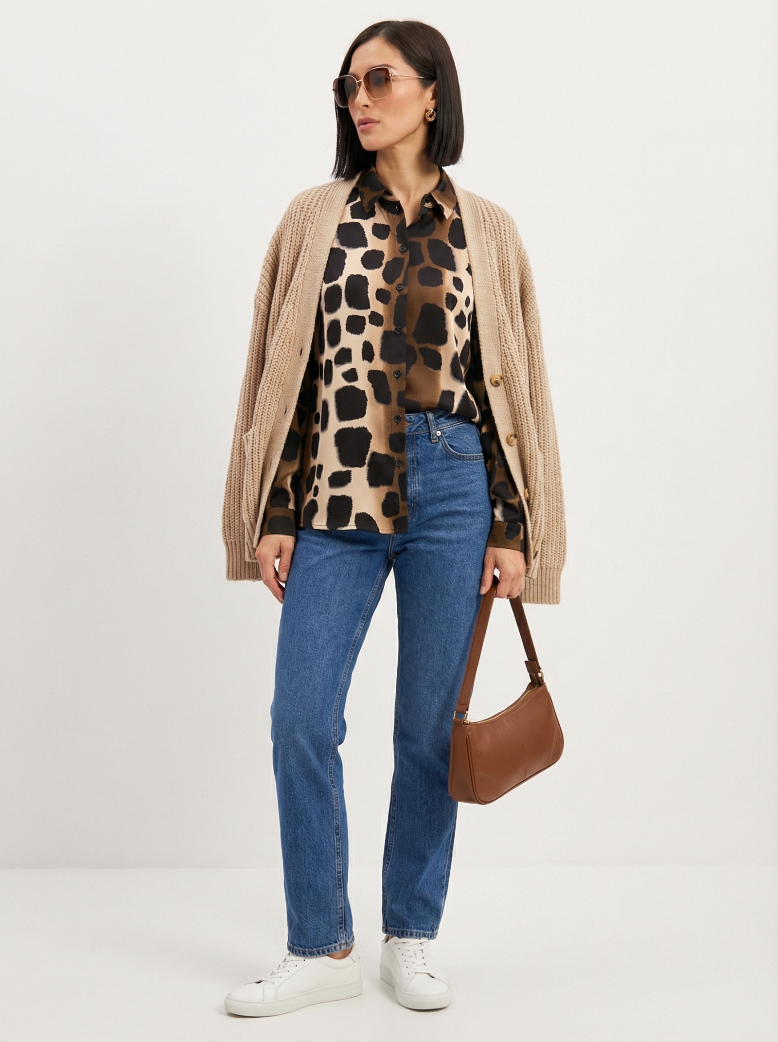 Блузка из атласной ткани OD-887-5 леопард коричневый с хаки