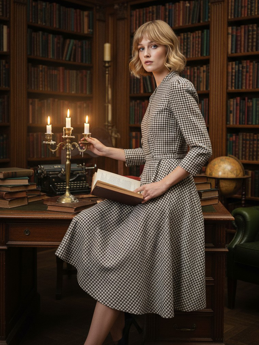 Платье с воротником стойка  OD-885-2 клетка сливочно-коричневая