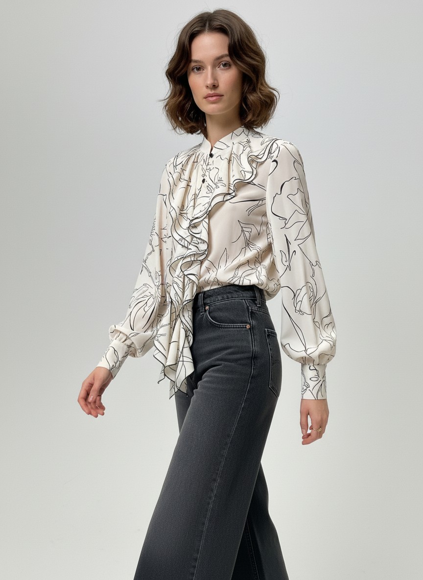 Блузка с отлетными рюшами OD-914-6 молочный с черным