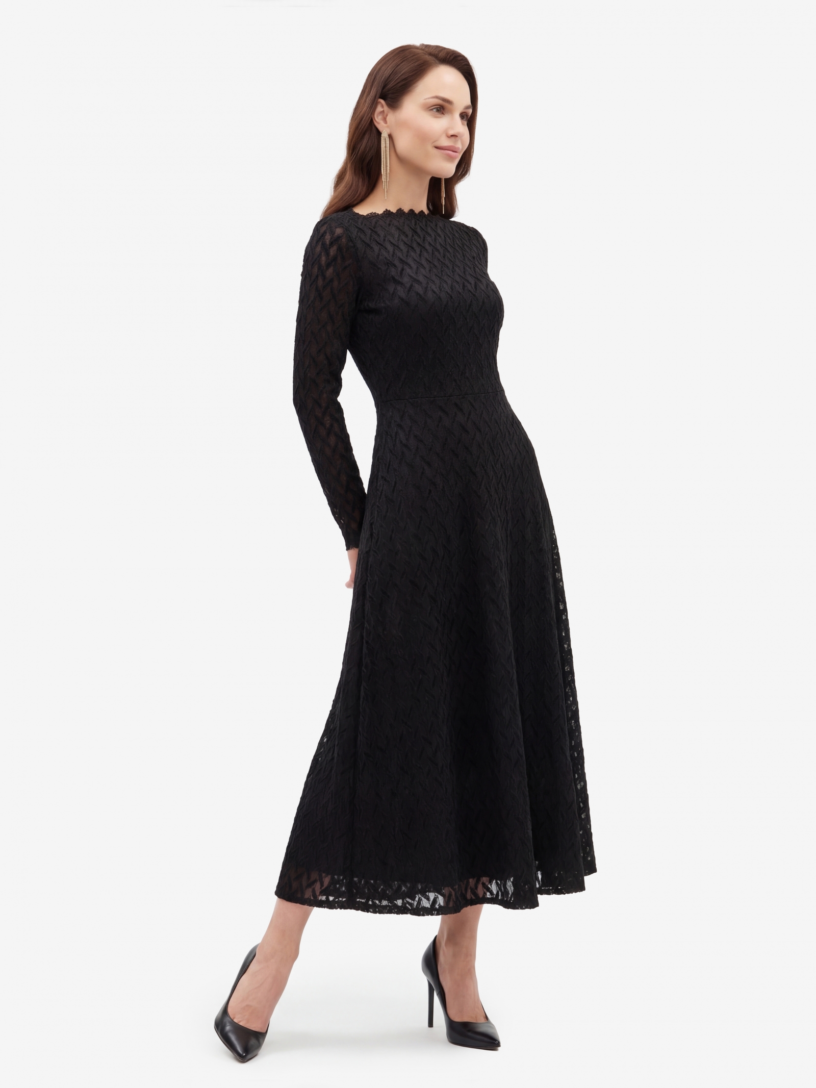 Платье из трикотажного кружева OD-904-3 черный с фестонами