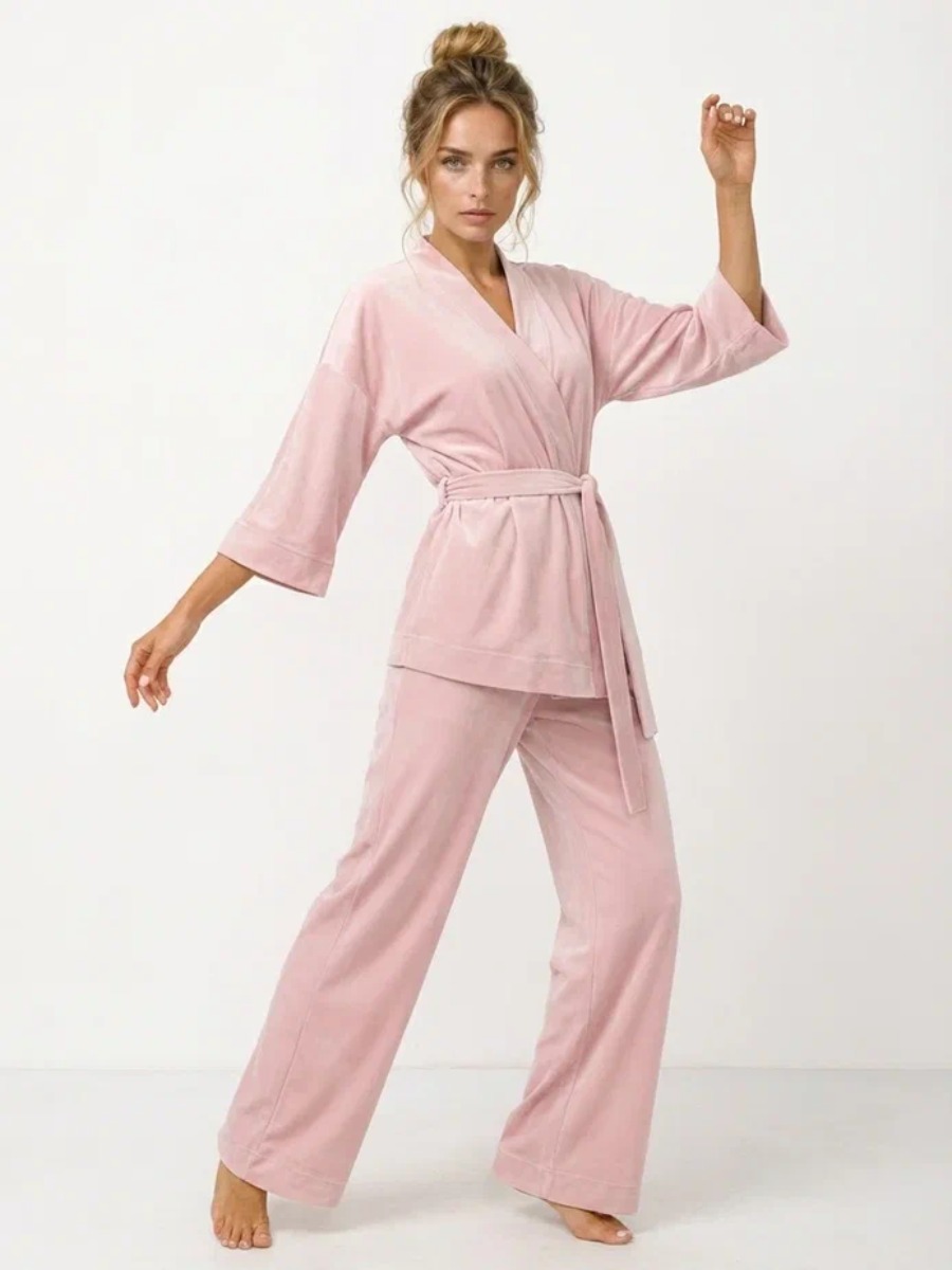 Пижама Кимоно+брюки из велюра OD-836-3 розовый