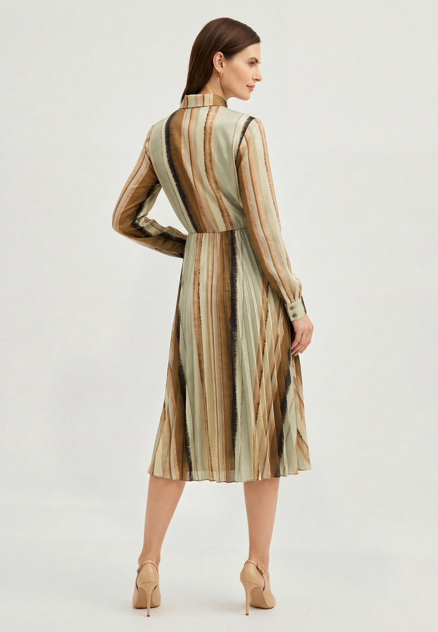 Платье с юбкой плиссе OD-883-2 коричневая с серой полосой