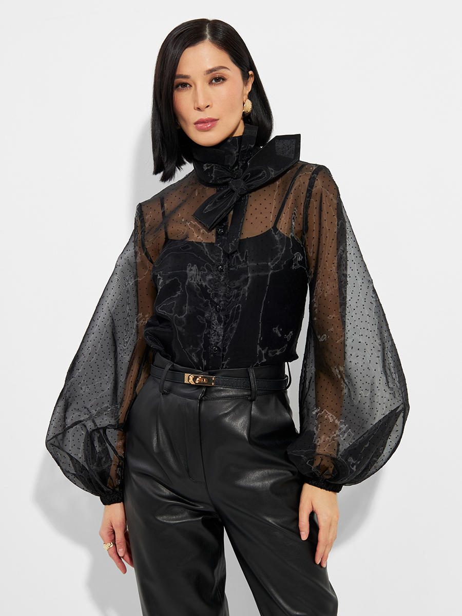 Блузка из органзы с мушками и галстуком OD-986-1 черный