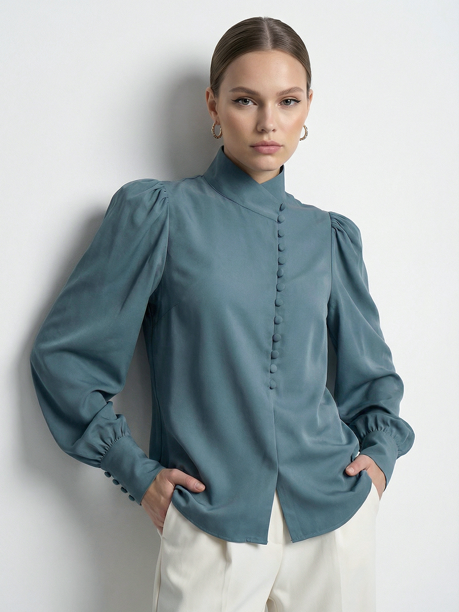 Блуза-косоворотка много пуговиц OD-550-14 серо-зеленый-голубой (морская волна)