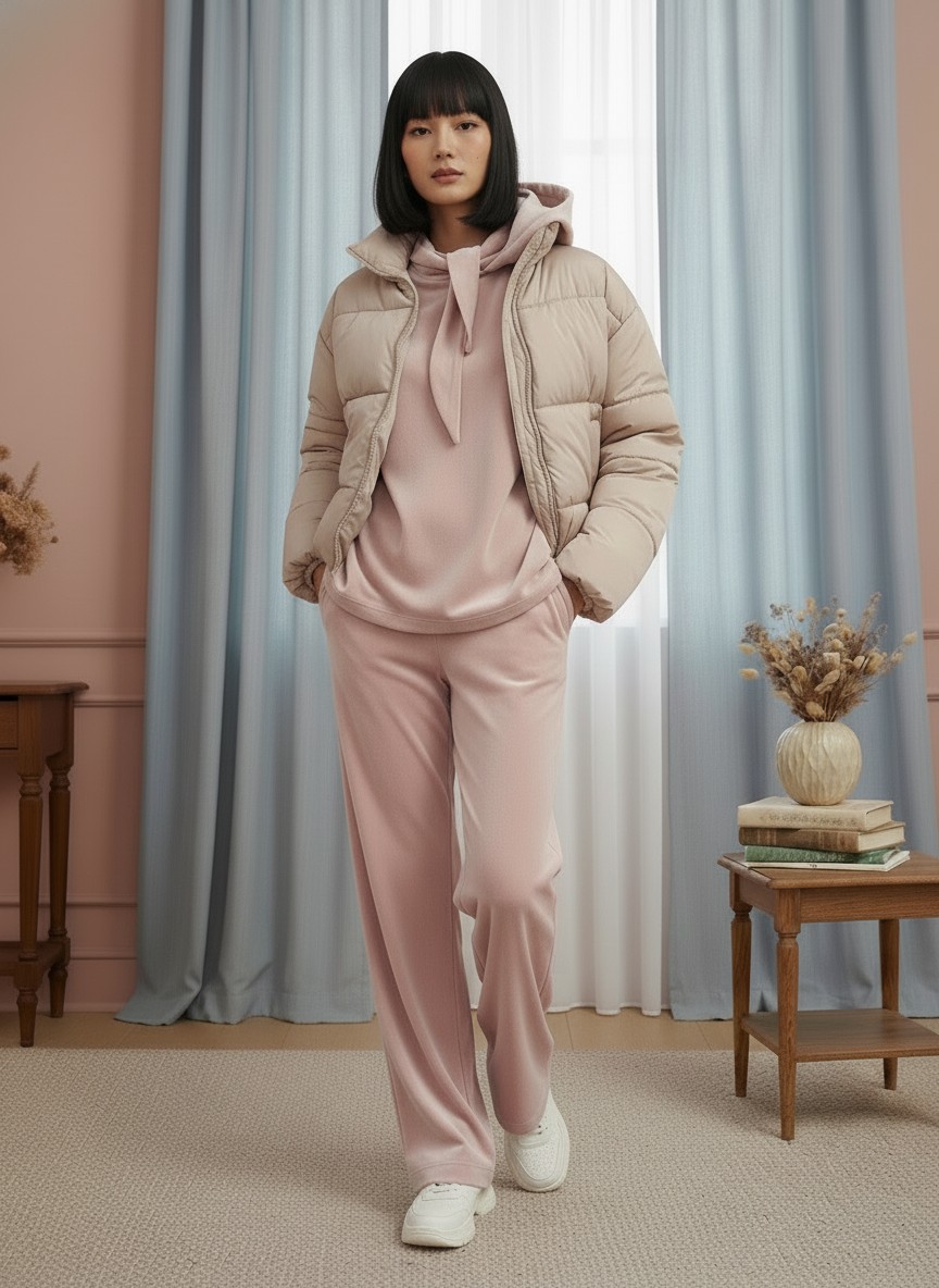 Костюм из велюра со съемным капюшоном и резинкой в комплекте OD-1009-1 розовый