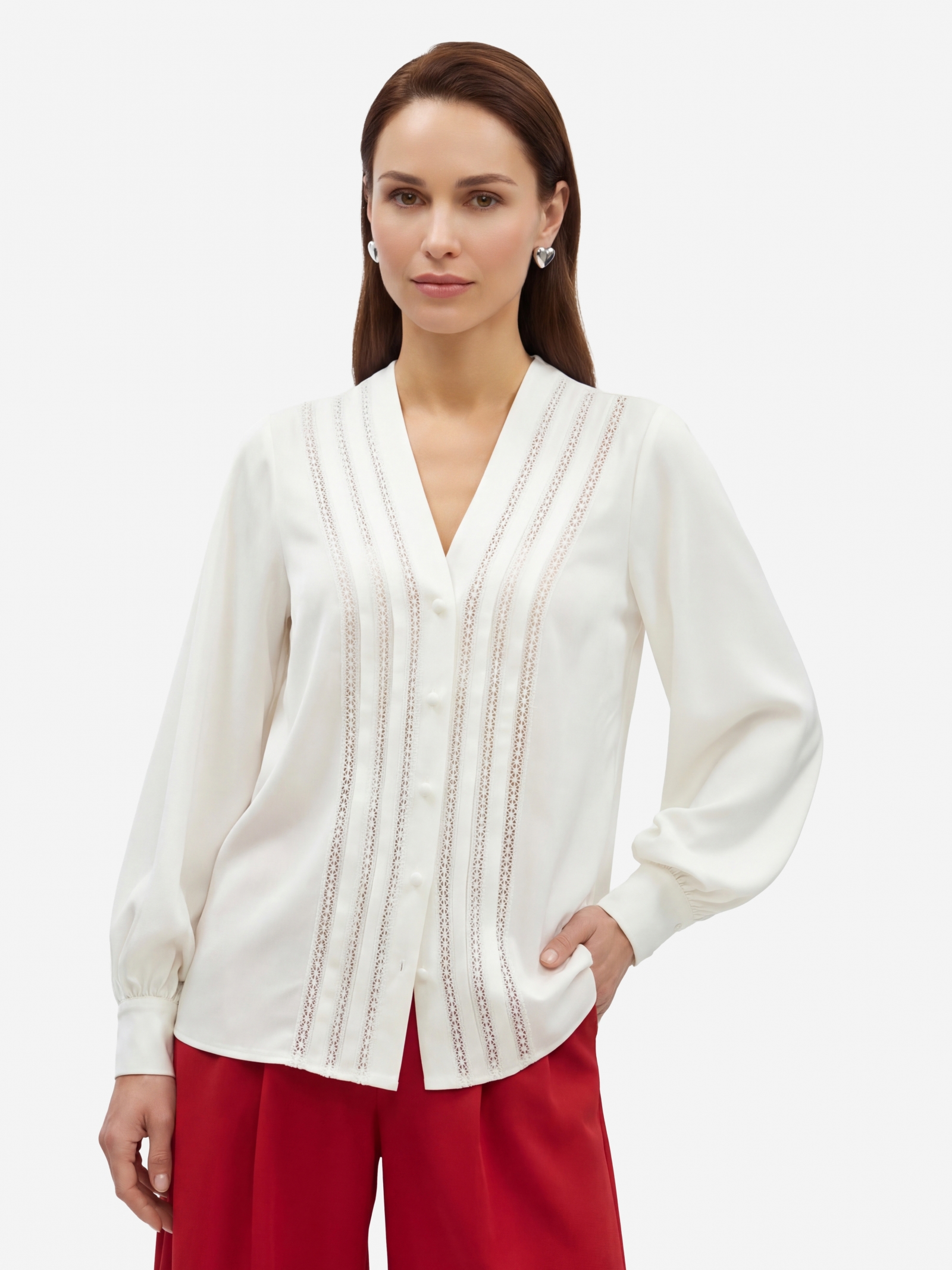 Блузка с V-образным вырезом и кружевом OD-1014-1 белый