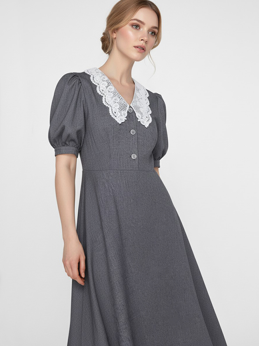 Платье миди с кружевным воротником OD-888-1, серый
