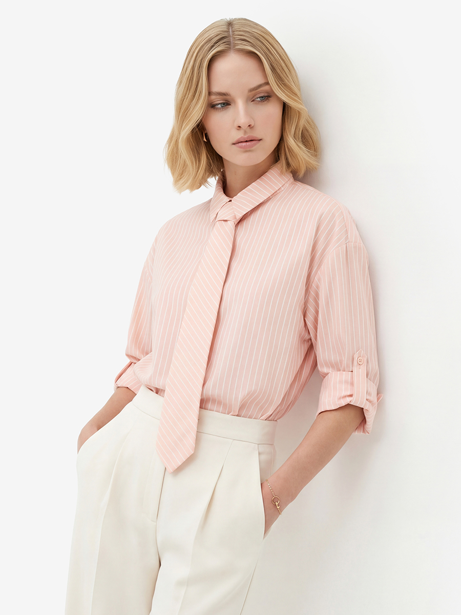Рубашка в полоску с галстуком, персик