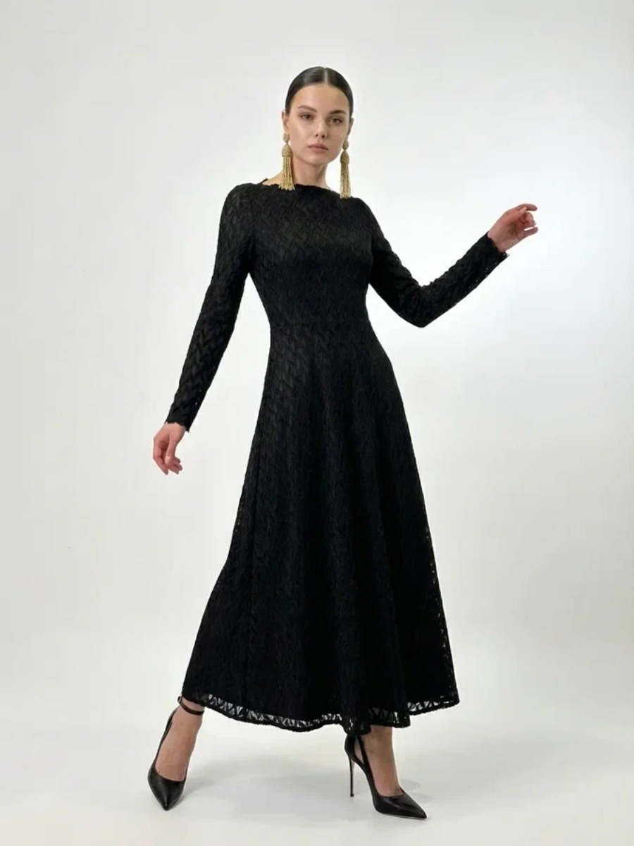 Платье из трикотажного кружева OD-904-3 черный с фестонами