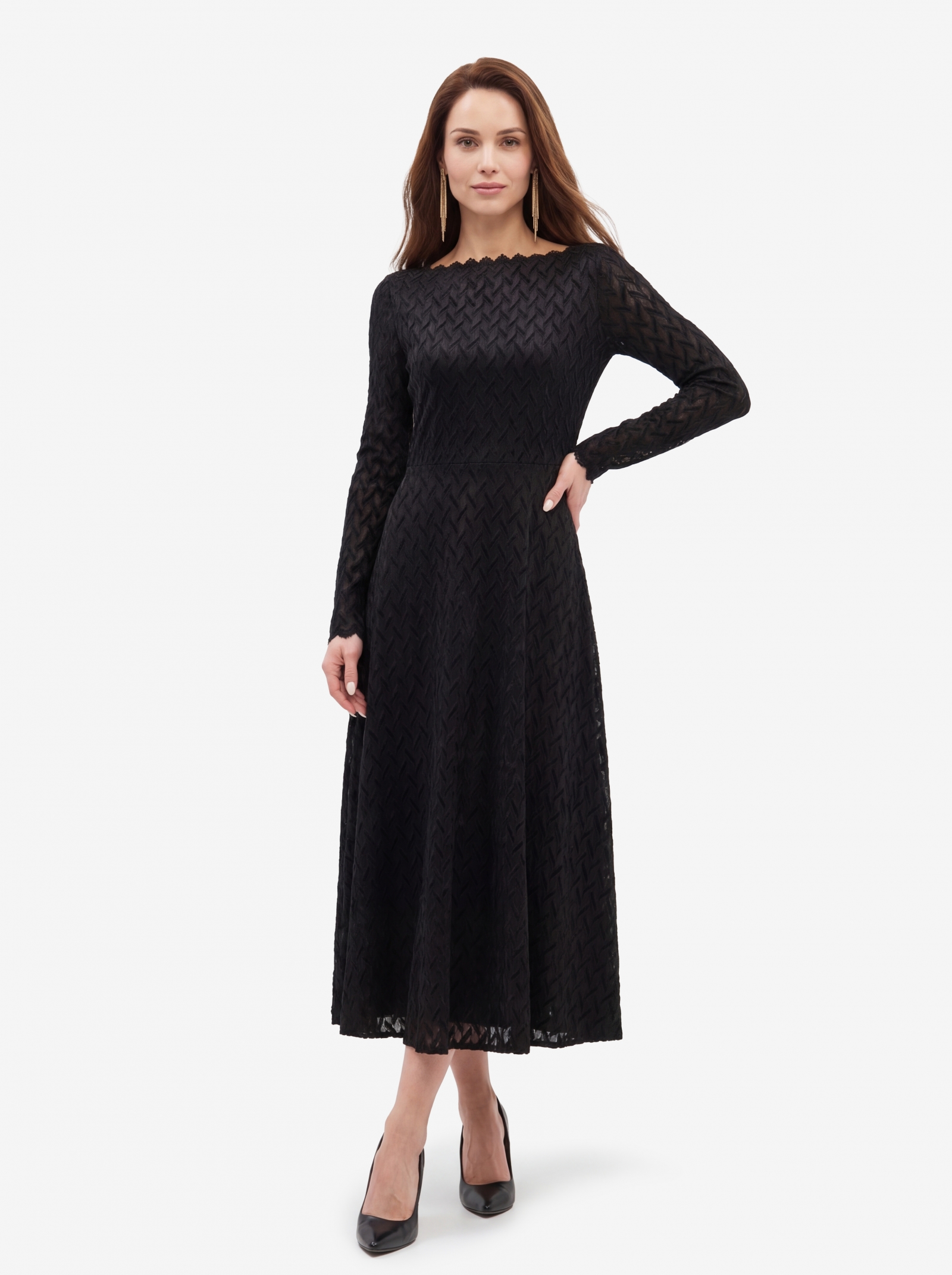 Платье из трикотажного кружева OD-904-3 черный с фестонами