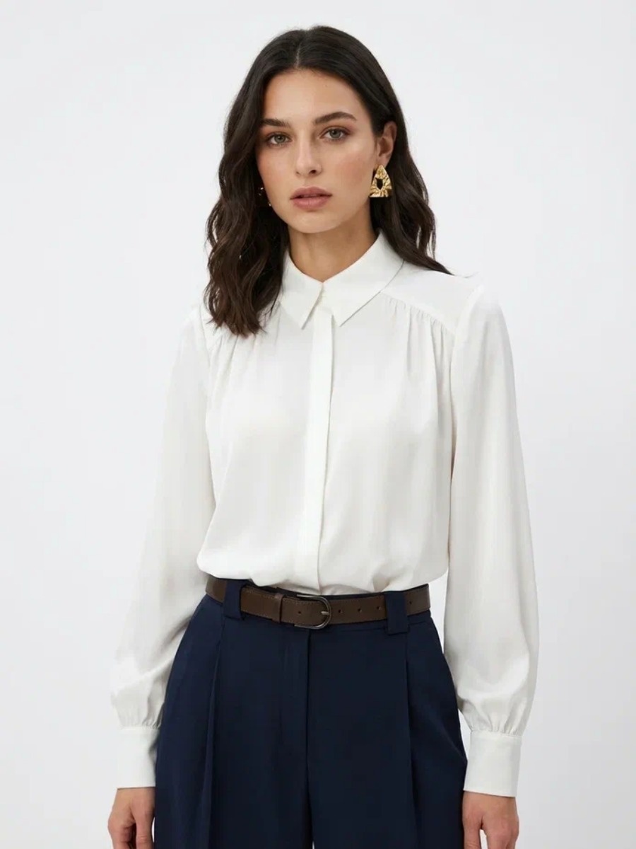 Блузка со сборкой и съемной пуговицей OD-971-1 белая