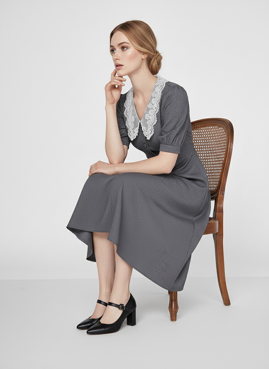 Платье миди с кружевным воротником OD-888-1, серый
