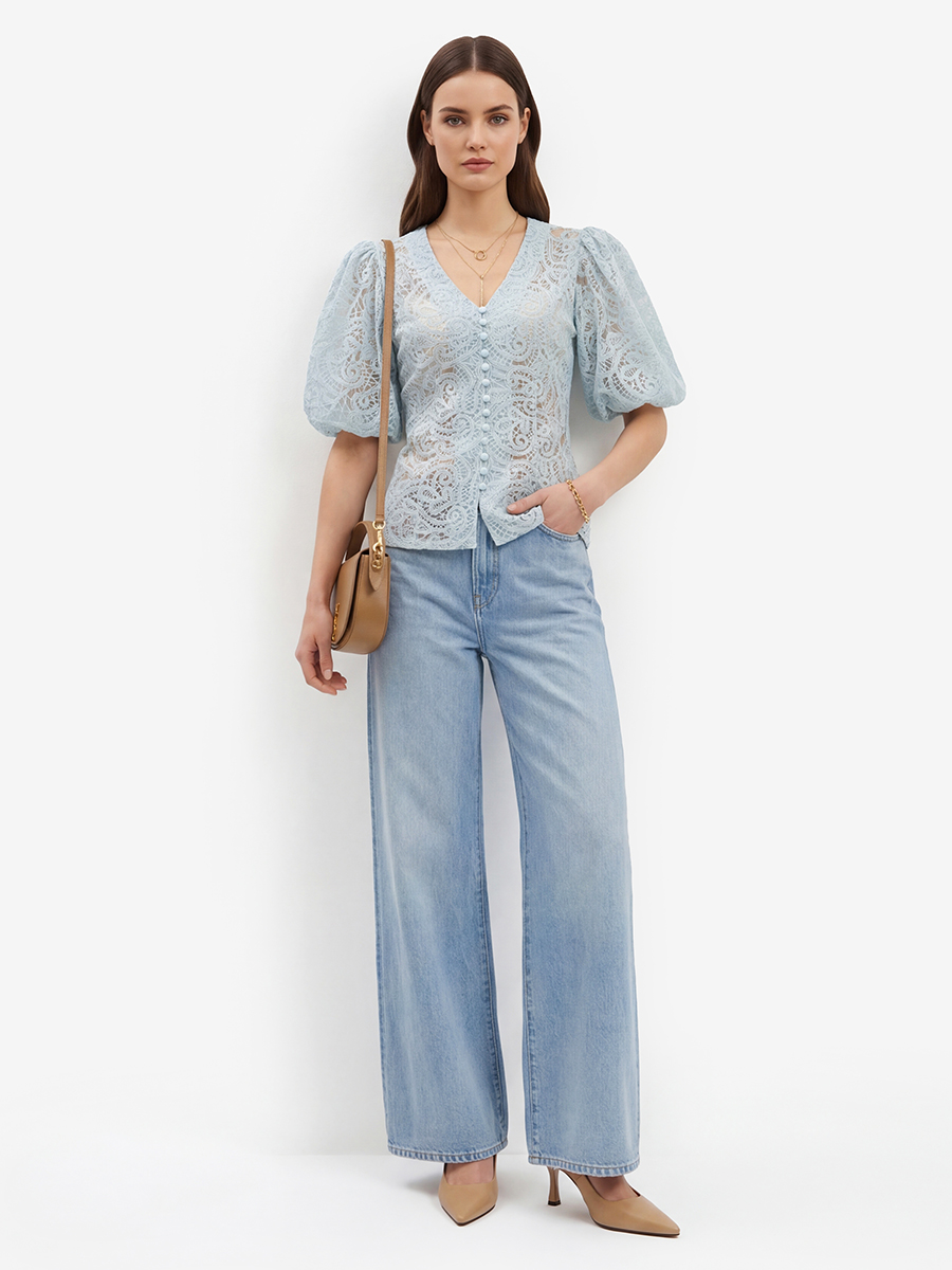 Блузка из кружева с коротким рукавом OD-1038-1 бирюзовый