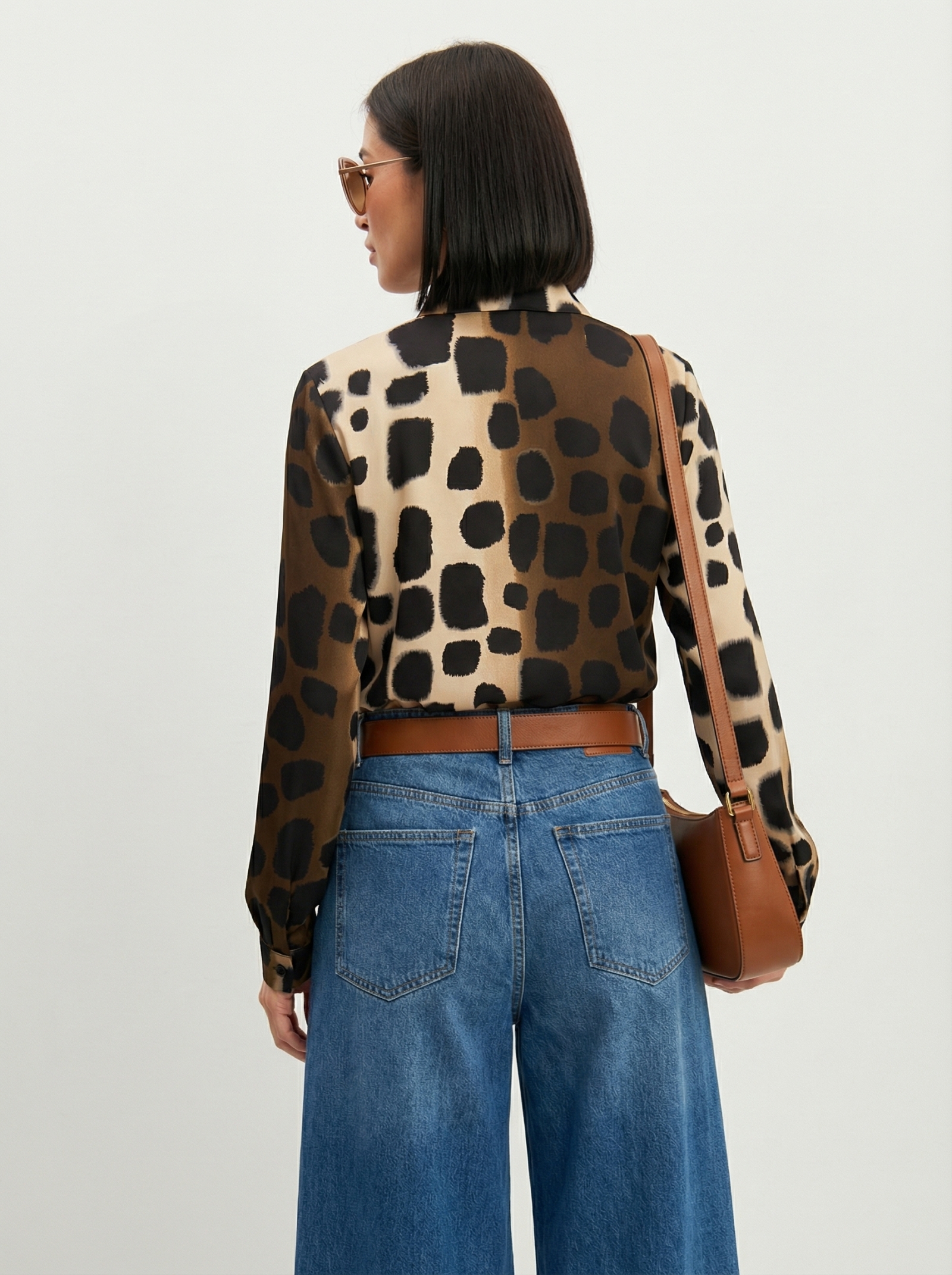 Блузка из атласной ткани OD-887-5 леопард коричневый с хаки