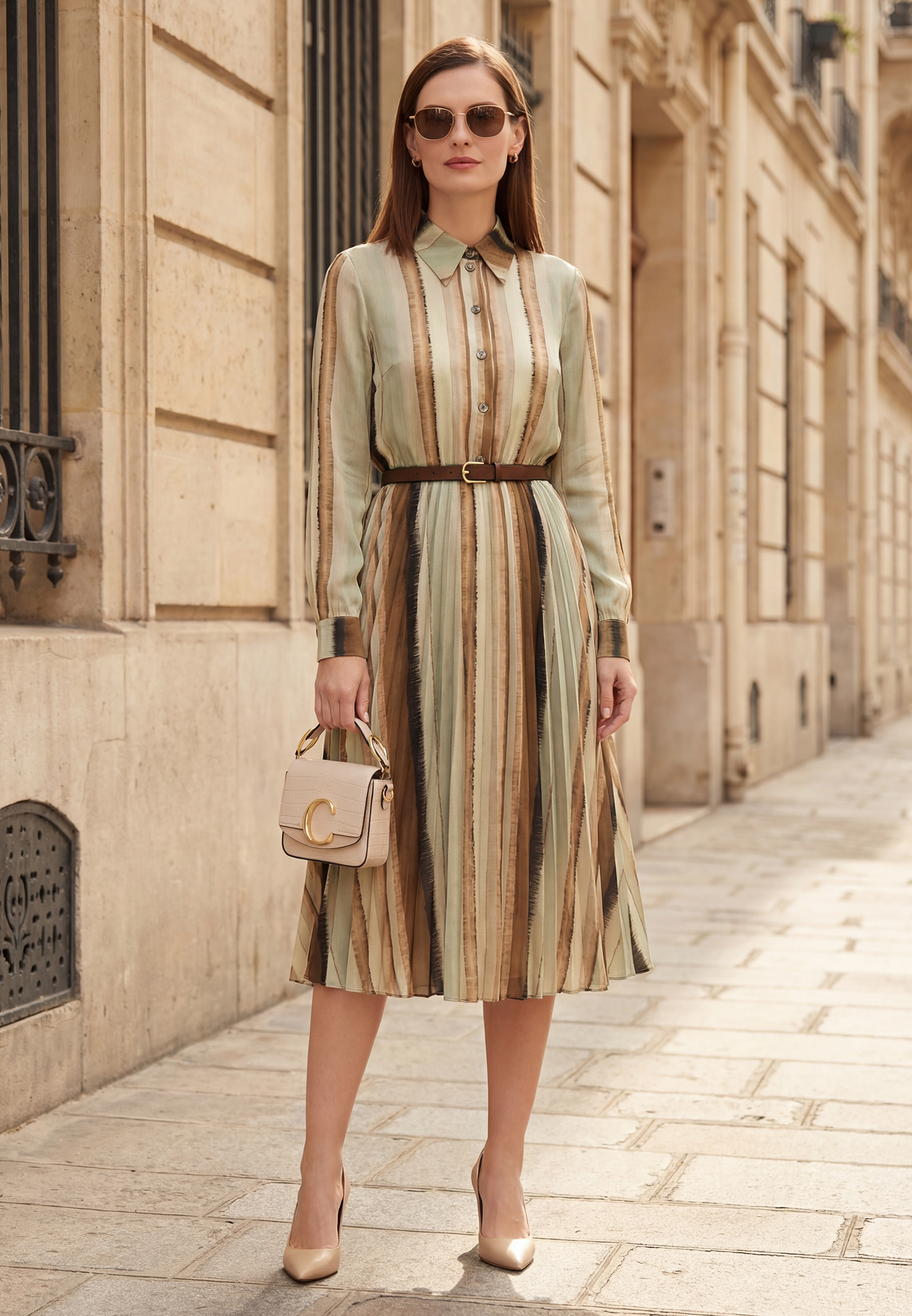 Платье с юбкой плиссе OD-883-2 коричневая с серой полосой