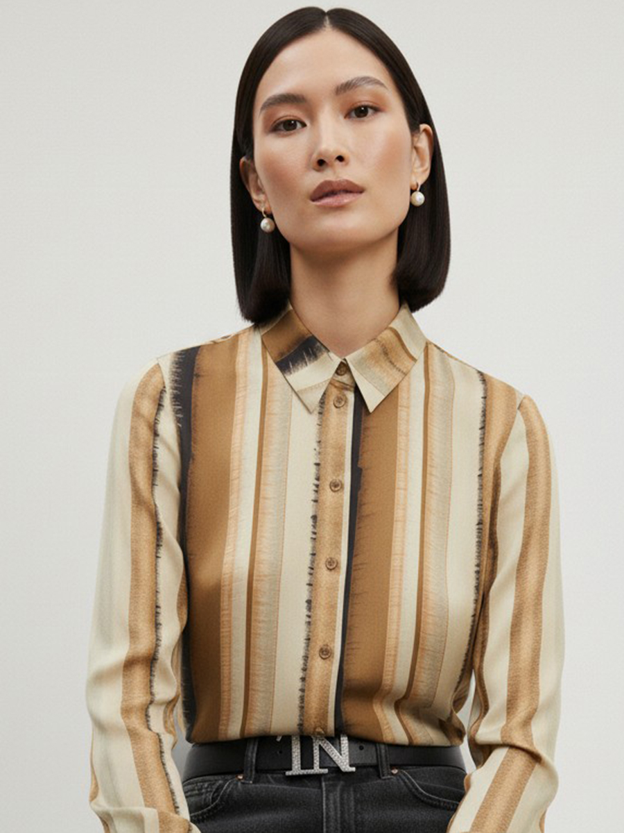 Блузка из атласной ткани OD-887-6 коричневый с серой полосой