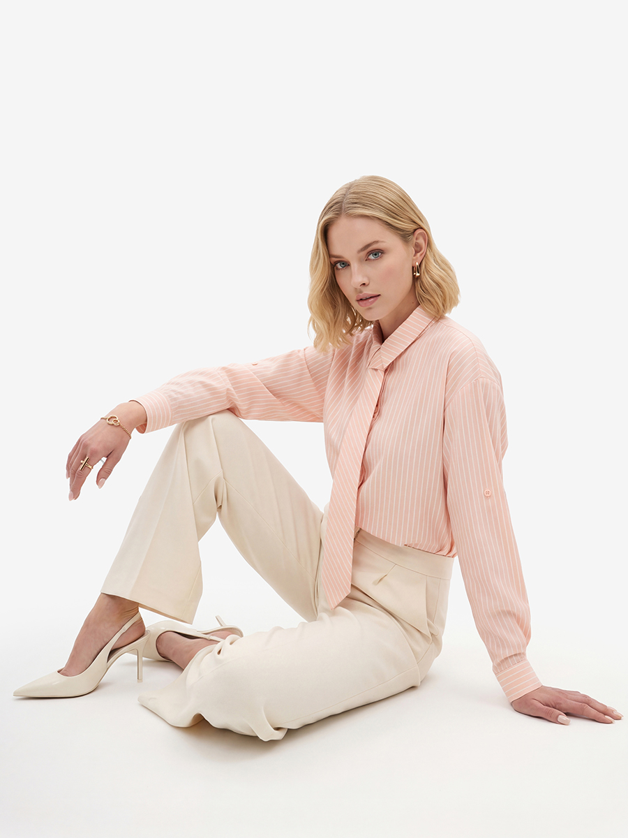 Рубашка в полоску с галстуком, персик