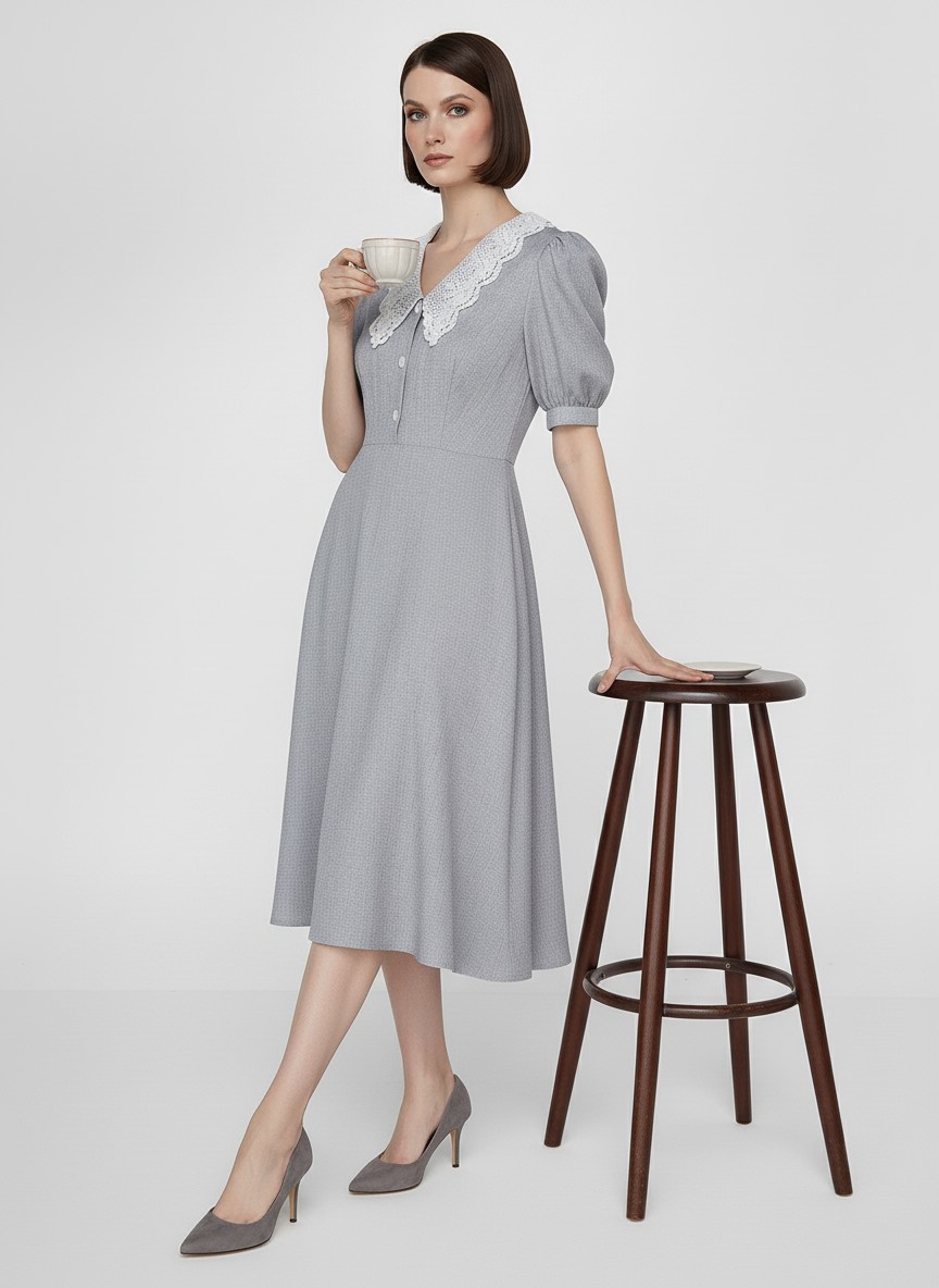 Платье с кружевным воротником  OD-888-2 св. серый