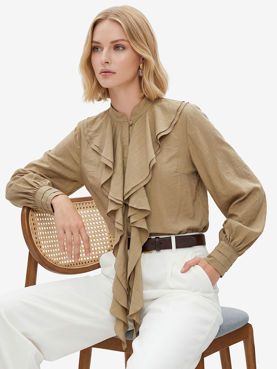 Блузкас отлетными рюшами OD-914-2 хаки