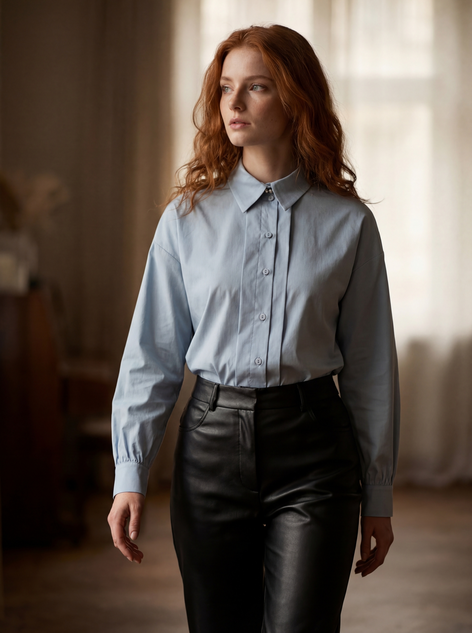 Рубашка со складками  OD-880-2 серо-голубой